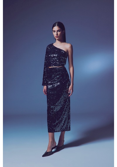 Sateen Kadife Payetli Midi Etek - Gümüş-135603 Gümüş