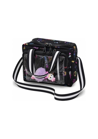 Çocuk Termal Okul Beslenme Çantası Şeffaf Cepli Peluş Aksesuarlı Omuz Askılı Lunch Bag Siyah