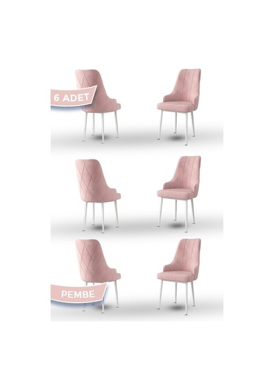 Canisa Trex Serisi 1.sınıf Babyface Kumaş Beyaz Metal Ayak 6 Adet Pembe Sandalye Sandalye Pembe Ayakları Beyaz
