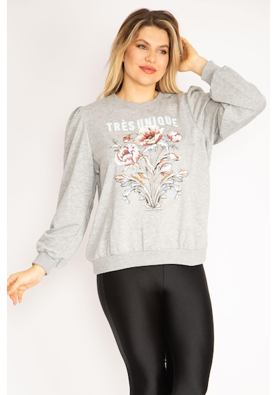 Şans Kadın Büyük Beden Gri 3 İplik Kalın Ön Baskılı Omuz Büzgülü Ribanalı Sweatshirt 65n37105-gri Gri