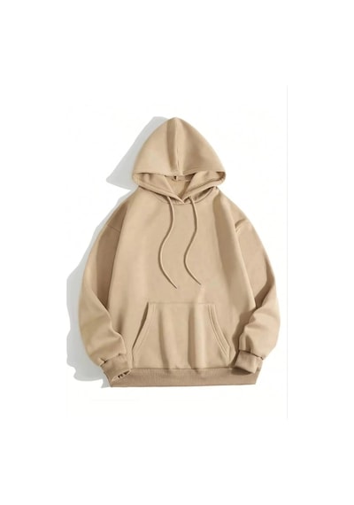 Primemagazam Kadın Kapüşonlu Kanguru Cepli 3 İplik Pamuklu Düz Hoodie Sweatshirt - Bej Çeşitli