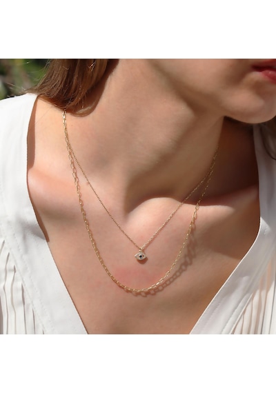 Göz Modeli 2 Zincirli Gold Kaplama Trend Gümüş Kolye Gümüş