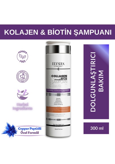 Elysian Essence Kolajen Collagen & Biotin & Hyaluronic Acid Şampuanı Copper Peptidli Nemlendirici, Dolgunlaştırıcı, Besleyici Bakım 300 Ml Tüm Saç Tipleri Elysian Essence Kolajen Collagen & Biotin & Hyaluronic Acid Şampuanı Copper Peptidli Nemlendirici, Dolgunlaştırıcı, Besleyici Bakım 300 Ml Tüm Saç Tipleri