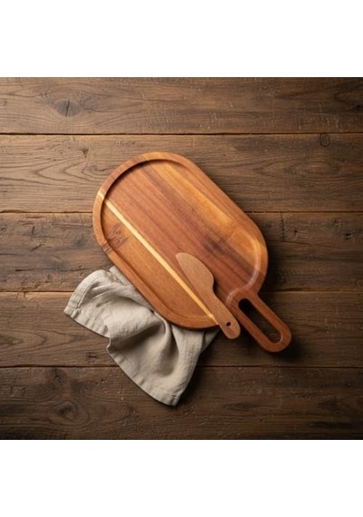 Doğal Akasya Ahşap Oval Peynir Ve Sunum Tahtası 30x14 Cm Saplı Servis Tepsisi, Yanında Özel Ahşap Peynir Bıçağı İle 2 Parça Set 15cm