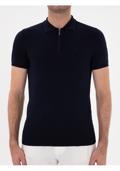 Lacivert Slim Fit Fermuarlı Polo Yaka Triko T-shirt