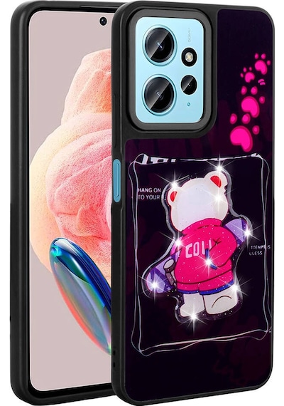 Redmi Note 12 4g Kılıf Parlayan Kabartmalı İkonik Figürlü Amas Silikon Kapak Pembe Pembe