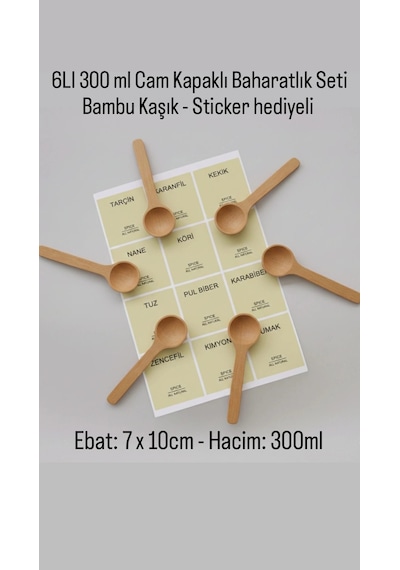 6 Lı Bambu Kapaklı Cam Baharatlık Seti Ahşap Kaşık + Etiketli Düzen Seti-mien Baharatlık Açık Kahverengi