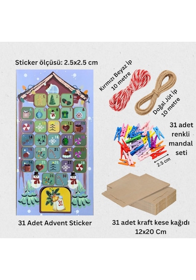 Yılbaşı Advent Takvimi Hediye Seti, Sticker-kraft Kese Kağıdı-renkli Ahşap Mandal-jüt&twine Baker İp
