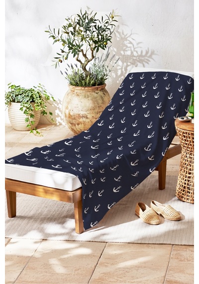 Çapa Marine Lacivert Plaj Havlusu - Nautical Minimalist Beyaz Hızlı Kuruyan Mikrofiber Havlu Eski Armut