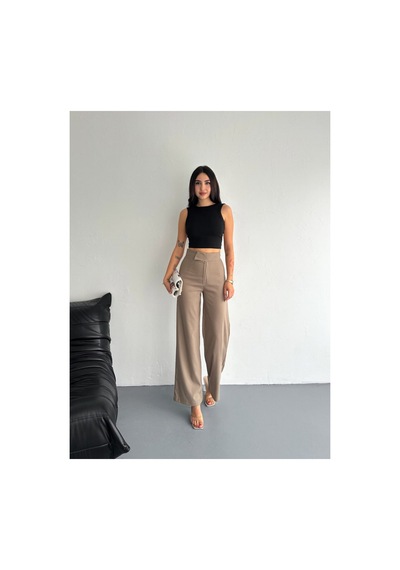 Gugus Kadın Cepsiz Dokuma Kumaş Pantolon Beli Cırtlı Bol Paça Wide Leg Model Vizon
