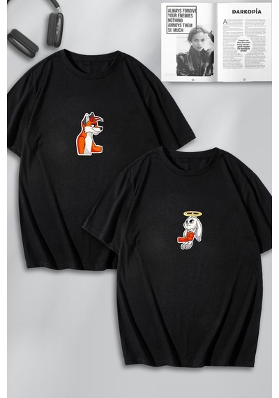 Unisex Kadın Erkek Sevimli Tavşan Ve Tilki Sevgili Çift Kombini Tasarım Oversize Tshirt 2'li Siyah Mck0122 Siyah