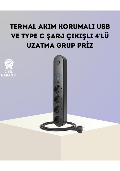 Nrzsnt Akım Korumalı Çoklu Priz 4 Lü 2 Usb 1 Type-c 2500w Güçlü Tasarım