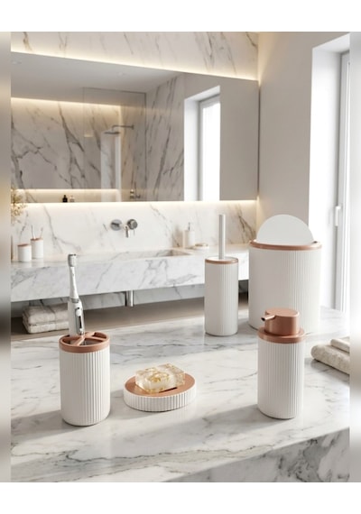 Beyaz Çizgili 5 Parça Banyo Seti Çöp Kovası Klozet Fırçası Sıvı Sabunluk Diş Fırçalık Sabunluk