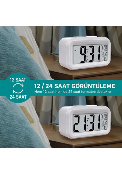 Dekoratif Dijital Alarmlı Saat Lcd Işıklı Termometreli Alarmlı Dijital Mini Masa Saati Masada Yer Kalamayan Ve Beli Diğer