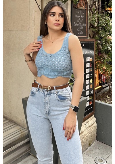 WeShaya Kadın Mavi Ajurlu Merserize Triko Örme, Terletmez, Askılı Crop Bluz Mavi