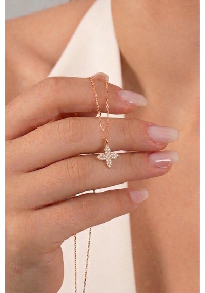 925 Ayar Gümüş Kolye Rose Kaplama Zirkon Taşlı Dört Yapraklı Yonca Model Kolye Barcode Rose Gold