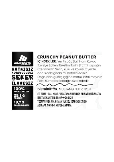 Mustang Nutrition Ballı Bitter Çikolatalı Crunchy Fıstık Ezmesi 350 Gr 25,08 Gr Protein + 40 Gr Fıstık Ezmesi Hediyeli