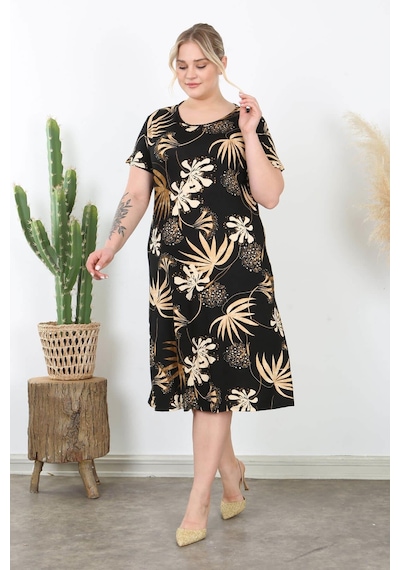 Mooi Xxl Kadın Siyah Vizon Floral Desen Midi Elbise Siyah