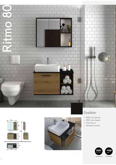Evros Ritmo Banyo Dolabı 80 Cm Ceviz