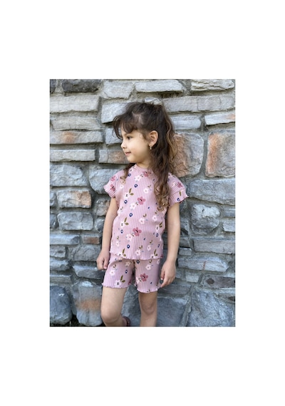 Hafico Kız Çocuk Fırfırlı Fitilli Kaşkorse Yazlık Takım Pudra Pembe Çiçekli