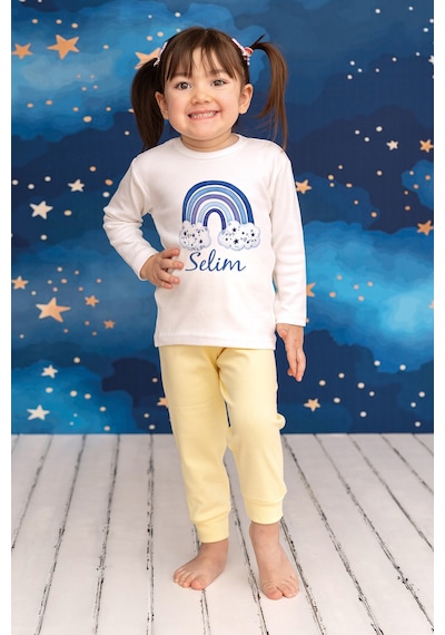 Pia Baby İsme Özel Erkek Çocuk 2 Adet Pijama Takımı %100 Pamuk Penye İsim Baskılı Kişiye Özel Kreş Pijaması Hediye Seti 11018s15pi Krem