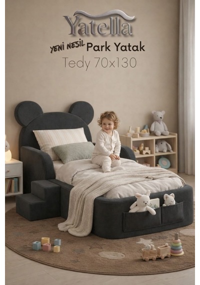 Yatella Luxury Tedyy Baza ve Başlıklı Montessori Full Sünger Yatak Seti 70 X 130 Antrasit