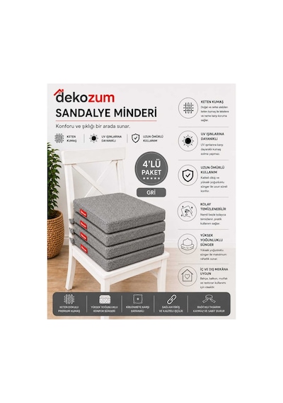 Comfort Plus Sandalye Koltuk Minderi 40x40 Bağcıklı Fermuarlı Yıkanabilir Balkon Bahçe Minderi 4 Lü Gri