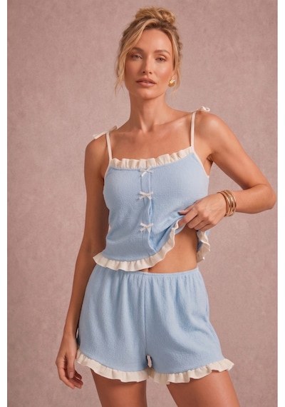 Bella Notte Mavi Kadın Fırfır Detaylı Askılı Şortlu Pijama Takımı