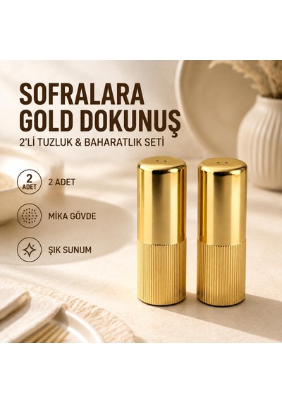 2 Li Gold Tuzluk Ve Baharatlık Seti, Şık Çizgili Mika Gövde, Masa Ve Mutfak Kullanımına Uygun Dekoratif Tuz Biber Kabı Çok Renkli