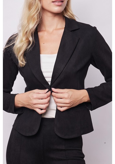 Kadın Kadife Likralı Yumuşak Dokulu Flato Cepli Uzun Kol Düğmeli Blazer Mono Ceket-siyah Siyah