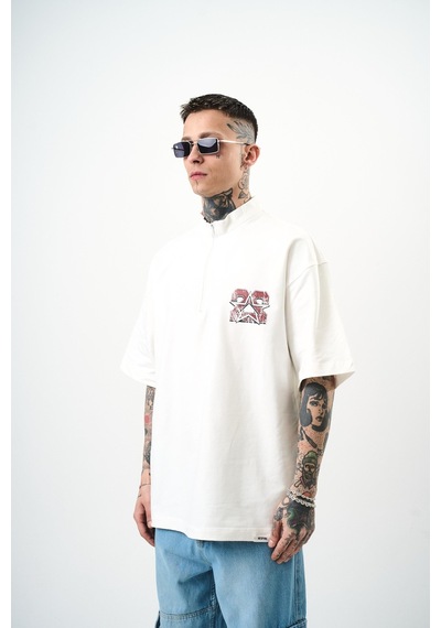 Respire Erkek 22 Baskılı Yarım Fermuarlı Oversize T-shirt Ekru