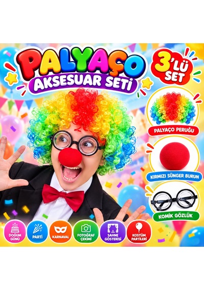 Arkhenx Palyaço Kostüm Aksesuar Seti 3 Lü Peruk Burun Gözlük Bzs1