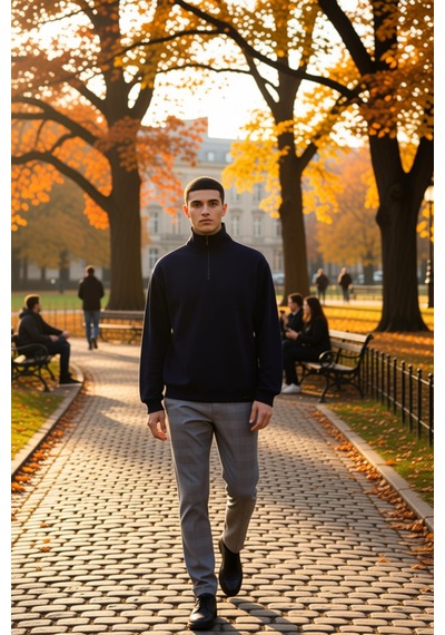 Benerly Erkek Dik Yaka Standart Kol Oversize Kalıp Fermuarlı Sweatshirt F Lacivert