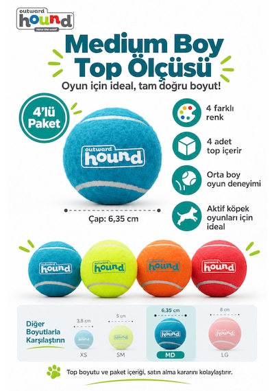 Outward Hound Squeaker Ballz Düdüklü Tenis Topu Köpek Oyuncağı 4'lü Medium