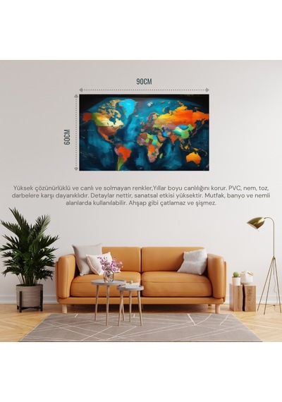 Dünya Harita Tablosu 03 Çerçevesiz 90x60cm Pvc Tablo
