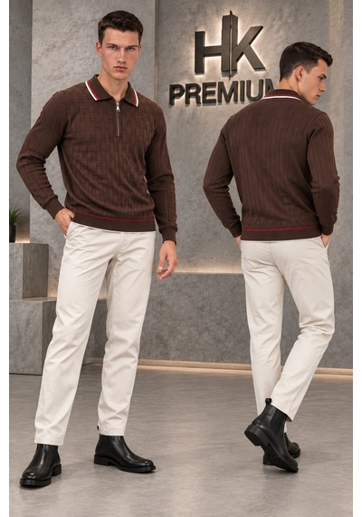 Hk Premium Erkek Fermuarlı Polo Yaka Sepet Dokulu Triko Kazak Kahverengi