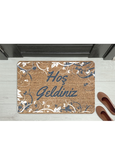 Hoş Geldiniz Neşeli Font Dekoratif Kapı Önü Paspası Gri