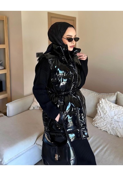 Hb Harma Time Butik Kadın Fermuarlı Cepli Siyah Parlak Şişme Yelek