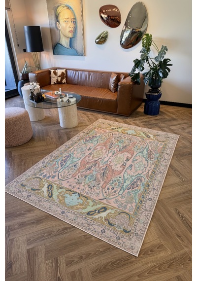 Âfitap 702 Pembe Yeşil Vintage Etnik Yıkanabilir İnce Halı Mutfak Ev Oda Salon Oturma Odası Halısı