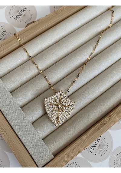 Pinery Jewels Zirkon Taşlı Kalkan Kararmaz Çelik Kadın Gold Kolye Altın
