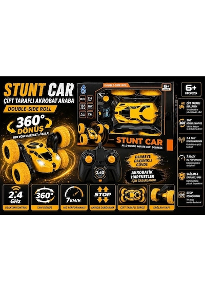 Uzaktan Kumandalı 360 Dönen Şarjlı Akrobat Stunt Car Araba Sarı