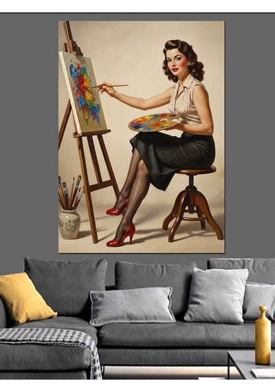 Ahşap Tablo Ressam Kadın Fırça Boya