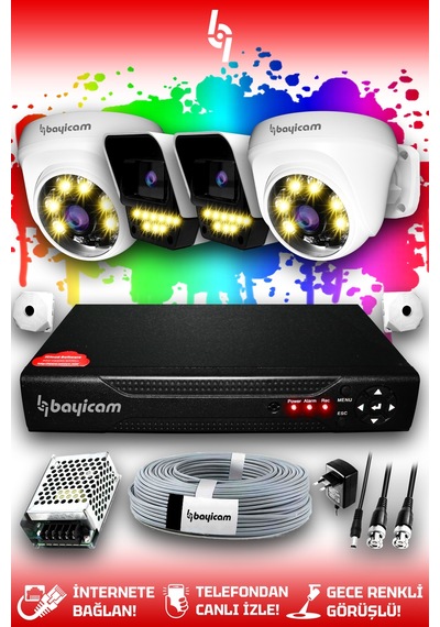 Bayicam 4 Kameralı Süper 2 İç Kamera Set HDD'siz 5 MP 2K Renkli Gece Görüşlü Güvenlik Kamerası Sistemi
