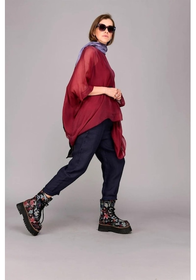 Bohem Stil İtalyan Yarasa Kol İpek Bluz & Pantolon Takım-8767 Bordo