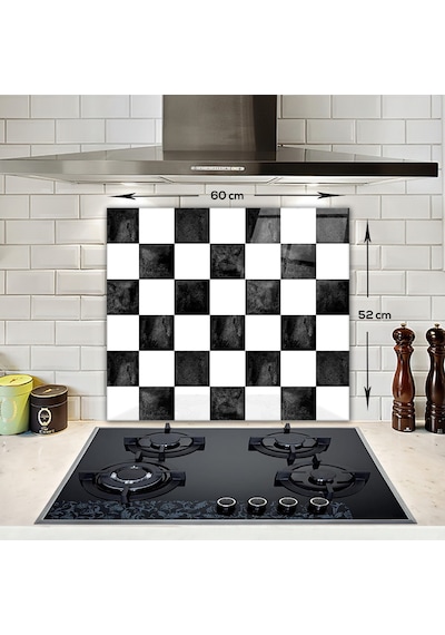 Decorita Cam Ocak Arkası Koruyucu | Damalı Desen | 52cm x 60cm