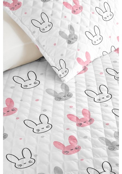 Evimde Bambaşka Tavşan Pembe Kız Çocuk Pike Takımı - Sevimli Gri Bebek Odası Mevsimlik Yatak Örtüsü - 160x220  CM