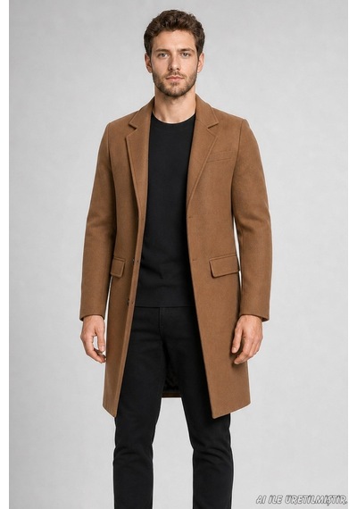 Freemen Erkek Slim Fit Klasik Yaka 3 Düğmeli Uzun Kaşe Kaban-425 Vizon