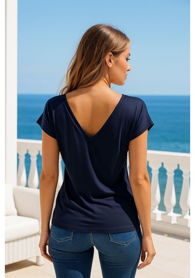 Kadın Koyu Lacivert Viskon Ön Arka V Yakalı T-shirt Yarasa Kol Relaxed Bluz Çok Renkli
