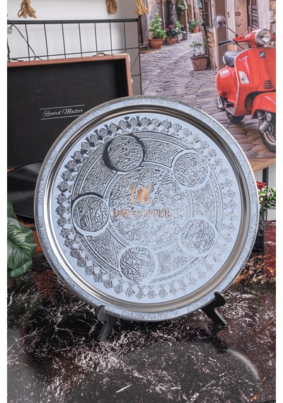 3 Lü 35 Cm Nakışlı Krom Çelik Tepsi Seti 430 Kalite Özel Motifli Servis Tepsisi Makinede Yıkanabilir Gümüş
