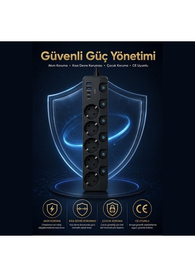 5'li Akım Korumalı Usb Çoklu Priz 2 Usb-a 2 Type-c Pd 20w Hızlı Şarj Anahtarlı Grup Priz 3680w 2 Metre 0 - 2 M